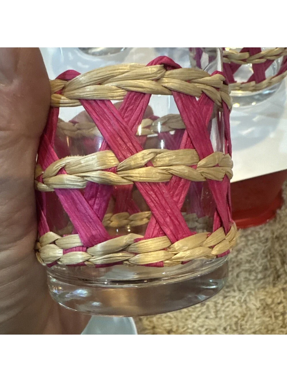 Set of 4 Pols Potten Reed glass tumbler pink and natural woven reed holder.